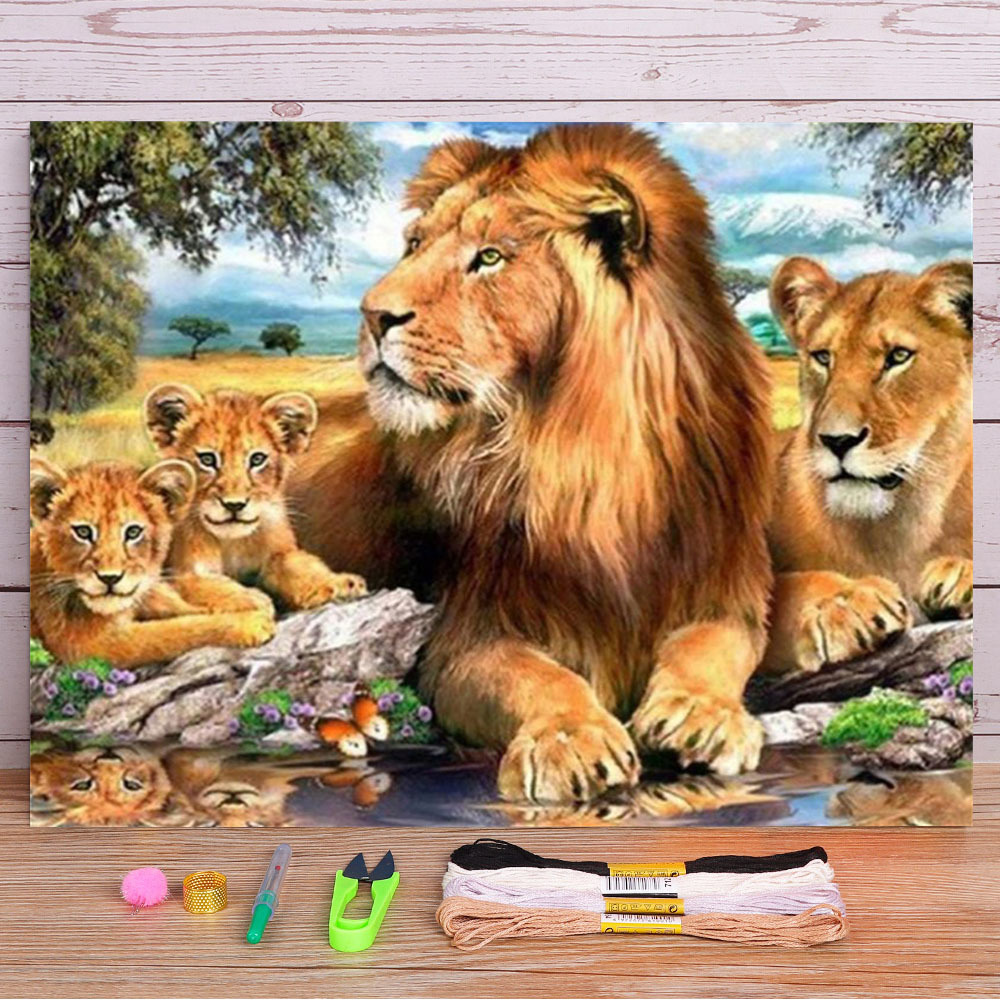 Dmc Floss Set - Animal Lion Pre-Printed 11CT Cross Stitch
