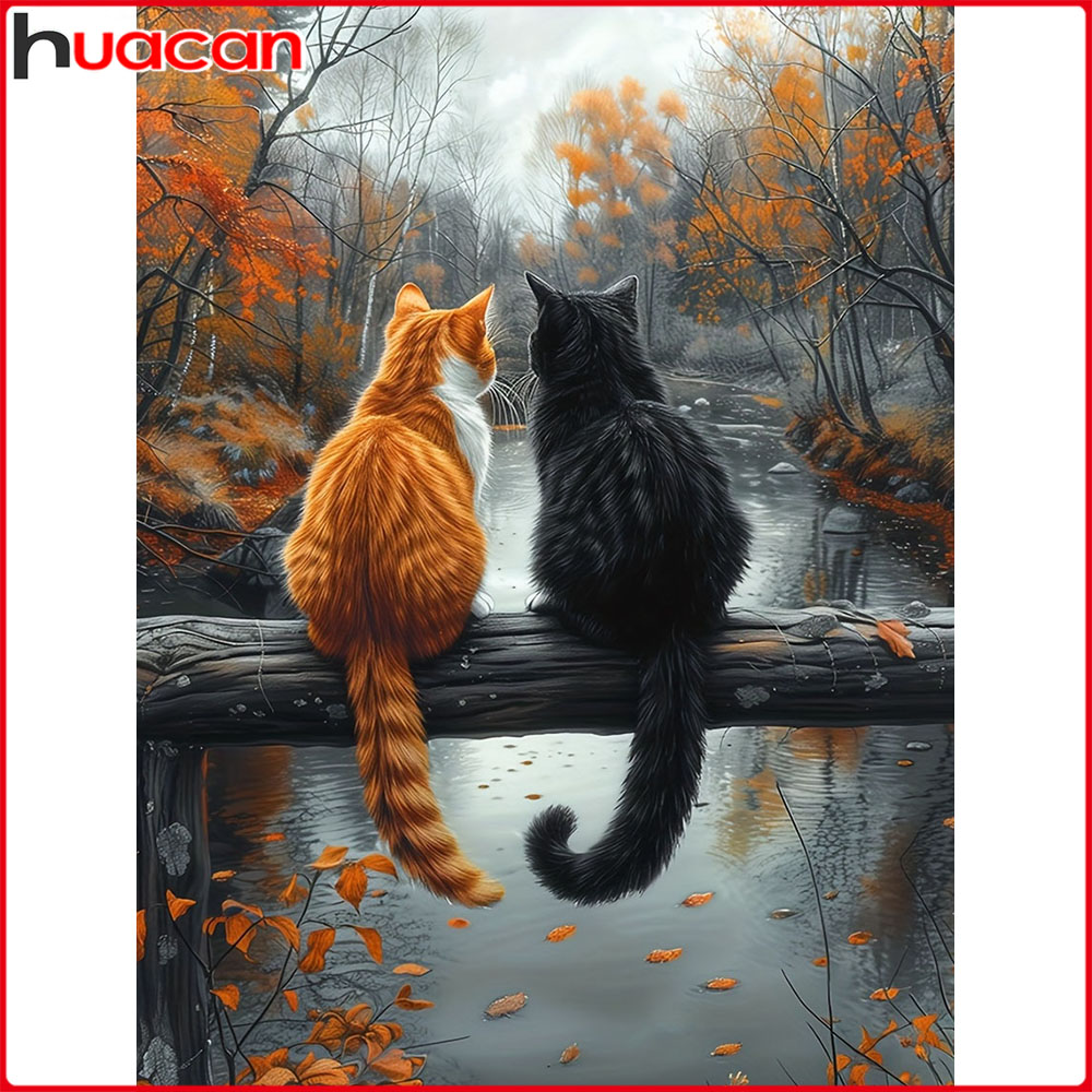 Embroidery Hoop Square - Huacan DIY Diamond Painting Cat Fall