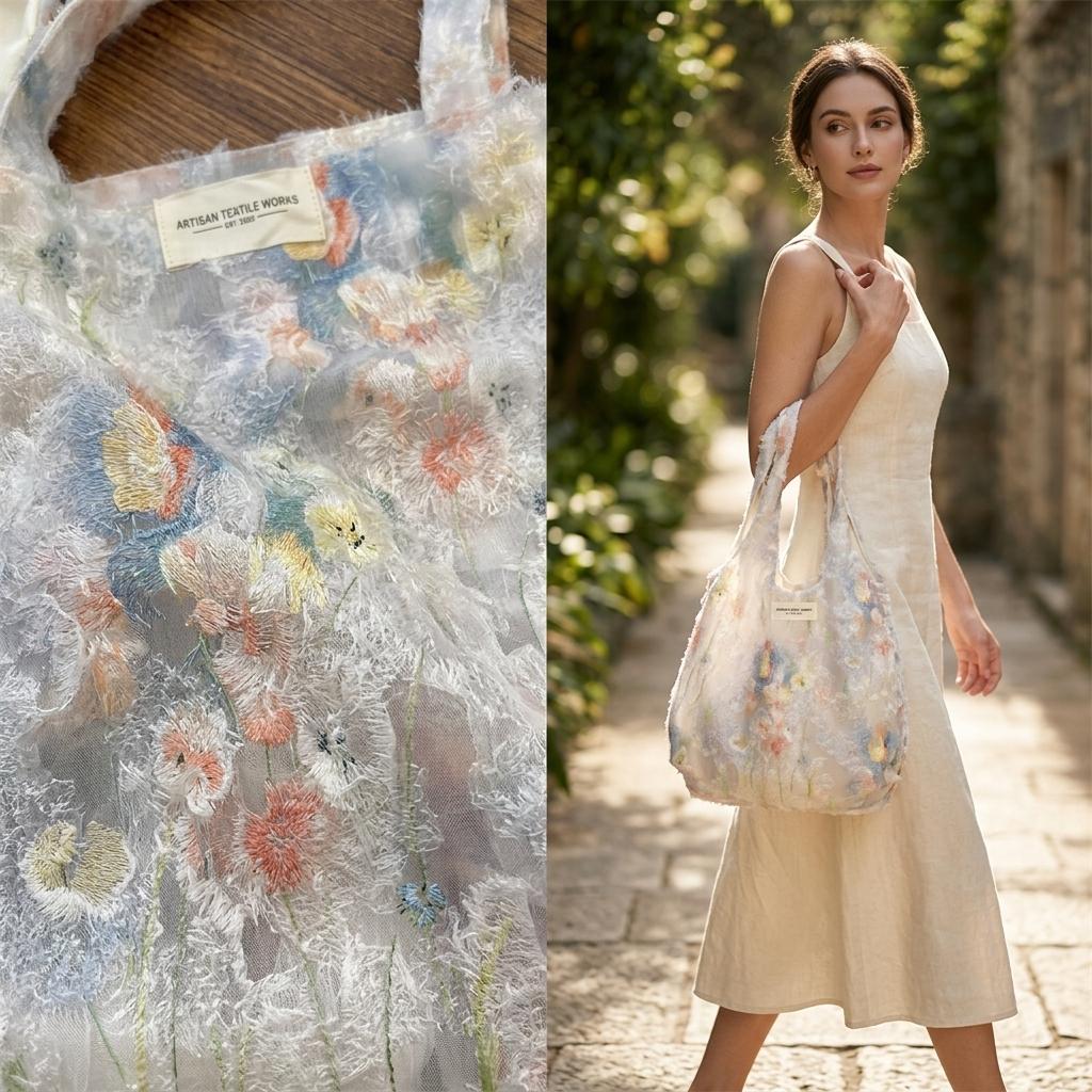 Embroidery Motif - Aesthetic Floral Tote Bag Lightweight Jacquard