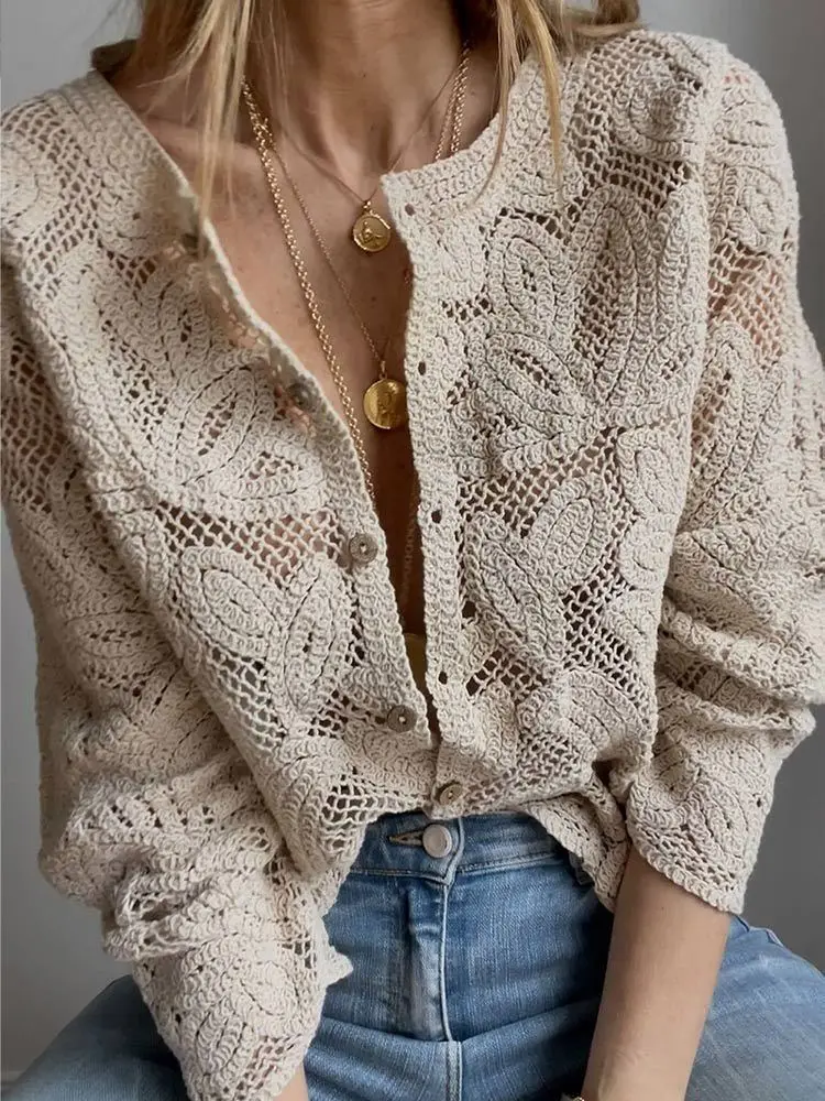 Embroidery Cardigan - Women's Crochet Knit Shirts Button-up Embroidered