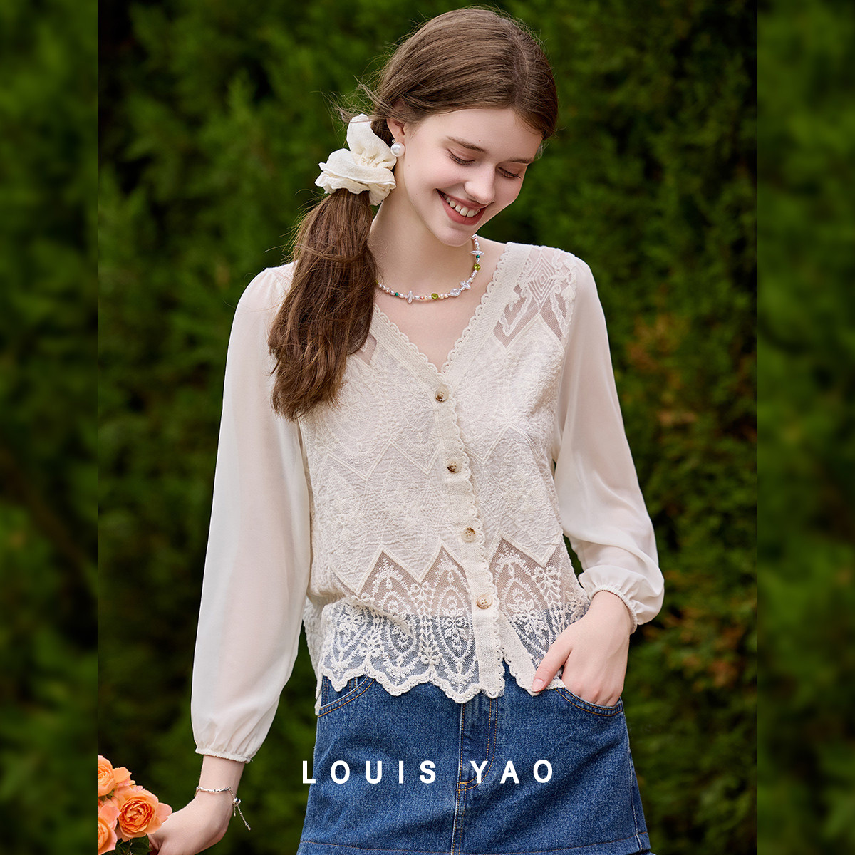 LOUIS YAO Sweet Lace V-neck Ca - đánh giá và giá Embroidery Cardigan