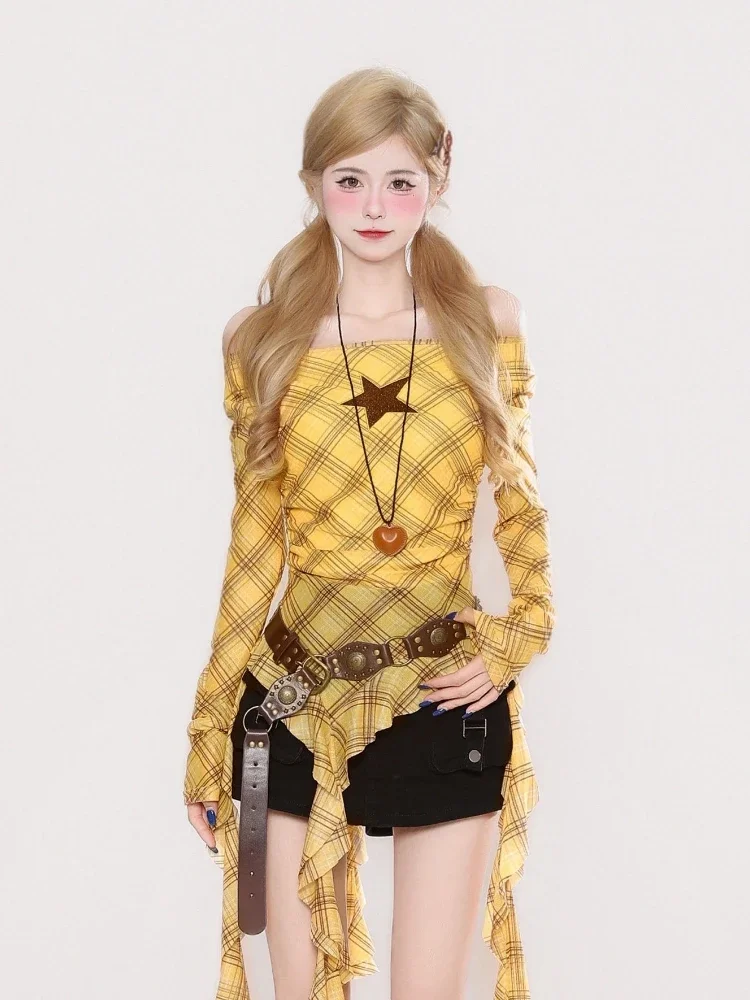 Y2K Plaid Slash Neck Vintage T - đánh giá và giá Embroidery Tshirt